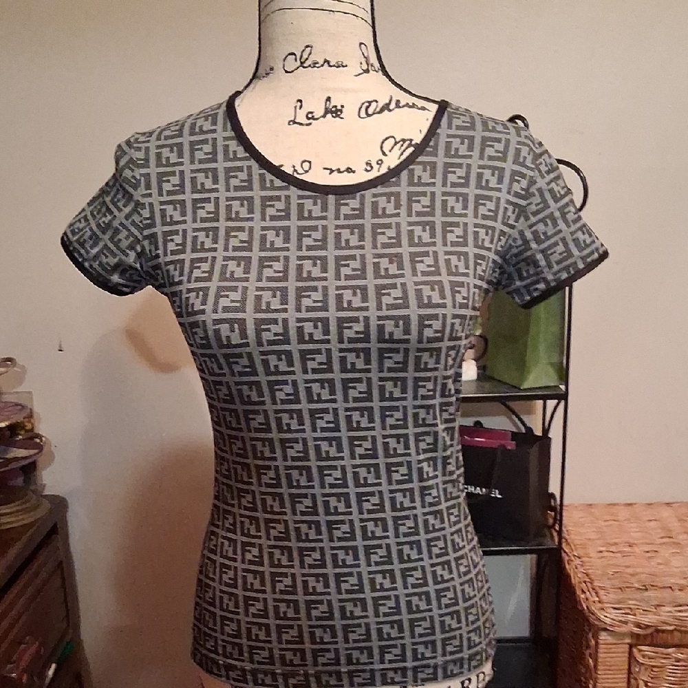 Authentic  FENDI Patterned Black and Gray Women Top Size Small